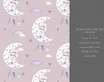 Boho Seamless Pattern - Pink Moon Baby Girl Seamless Pattern Design Bohemian , Digital Download, Commercial Licence, Non Exclusive