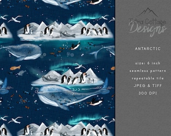 Antarctic Seamless Pattern, Penguin Surface Pattern, Whale Fabric Pattern, Winter Christmas 300 dpi, Commercial Licence, Non-Exclusive, Navy