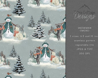 Snowman Seamless Pattern, Winter Fabric Pattern for Christmas Printing, Digital Download, Commercial Licence, Smoke Blue