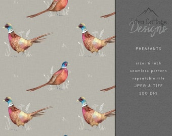 Pheasant Seamless Pattern, Hunting Seamless Design, Fabric Pattern, Digital Download Commercial Licence, Repeat Tile Non Exclusive, Stone