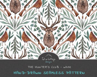 Boy Hunting Seamless Pattern with Hand Painted Watercolor Stag & Pheasants ( Fabric for Kids / Quilting)