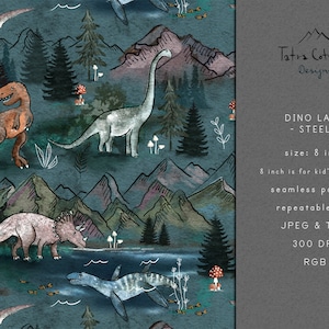 May include: A seamless pattern featuring various dinosaurs in a watercolour style, including a Tyrannosaurus Rex, a Brachiosaurus, a Triceratops, and a Plesiosaur. The pattern is set against a blue background with mountains, trees, and mushrooms. The text "Dino Land - Steel - size: 8 inch" is included in the image.