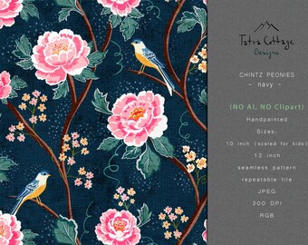 Chintz Fabric Seamless Pattern - Peonies Pink Navy Blue(Digital Download)