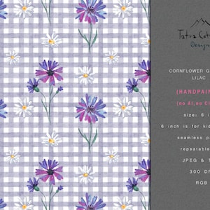 Floral Gingham Seamless Pattern File with Cornflower Flower on Lilac background, Hand Painted Check for Spring Fabric Printing, lilac