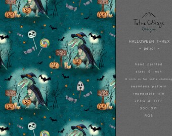 Halloween Seamless pattern - Dinosaur Fabric Print - Petrol