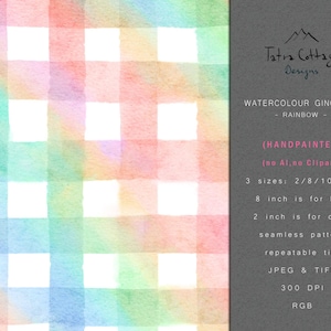 Puede incluir: Patrón de vichy arcoíris de acuarela, sin costuras y repetible. Pintado a mano, sin IA ni clipart. Disponible en tamaños de 2, 8 y 10 pulgadas. Archivos JPEG y TIFF, 300 DPI, RGB.