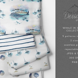 May include: A set of five watercolor patterns featuring a whale, boats, and seashells. The patterns are available in two sizes and are seamless, making them perfect for repeating tiles. The patterns are in JPEG and TIFF formats, 300 DPI, and RGB color space.