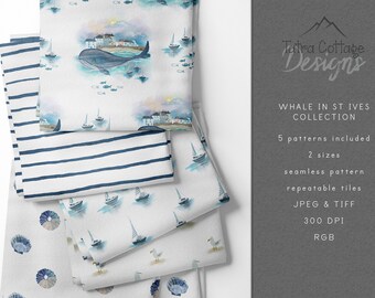 Whale Repeat Pattern Set Bundle 5 Summer patterns for Fabrics St Ives Non Exclusive Download Beach Seaside Nautical Sea Shells 300 dpi tile