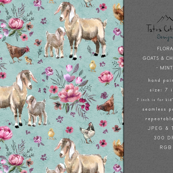 Floral Goat Seamless Pattern Design with Chickens, Baby Nubian Kid, Chicks, Flowers Country Fabric Print Digital File - Sage