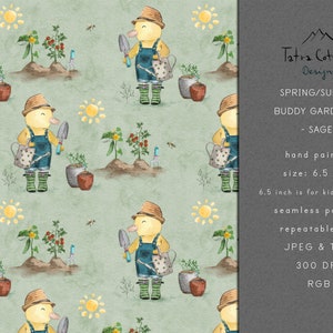 May include: A hand-painted watercolour pattern with a yellow duck in dungarees, a straw hat, and gardening tools. The duck is watering plants, with suns and plants in the background. The pattern size is 16.5 cm, and the text reads "SPRING/SUMMER BUDDY GARDENING - SAGE".
