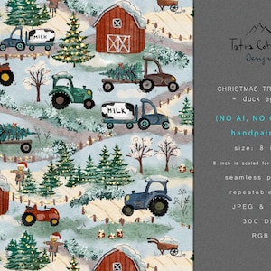 Può includere: Illustrazione ad acquerello di un vivaio di alberi di Natale con trattori, fienili e alberi. Il design include il testo "CHRISTMAS TREE FARM - duck egg - (NO AI, NO Clipart)" ed è dipinto a mano. La dimensione è di 20,32 cm.