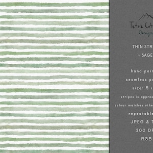 Sage Stripes Seamless Pattern, file a strisce sottili ORIZZONTALI o VERTICALI dell'acquerello, stampa di linee estive dipinte a mano