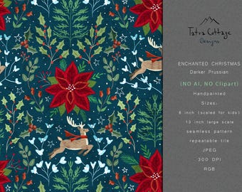 Christmas Floral Seamless Pattern - Darker Prusian Blue