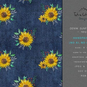 Sunflowers Faux Denim Seamless Pattern Design Jeans Floral Fabric Print Surface Pattern, Textured Basics