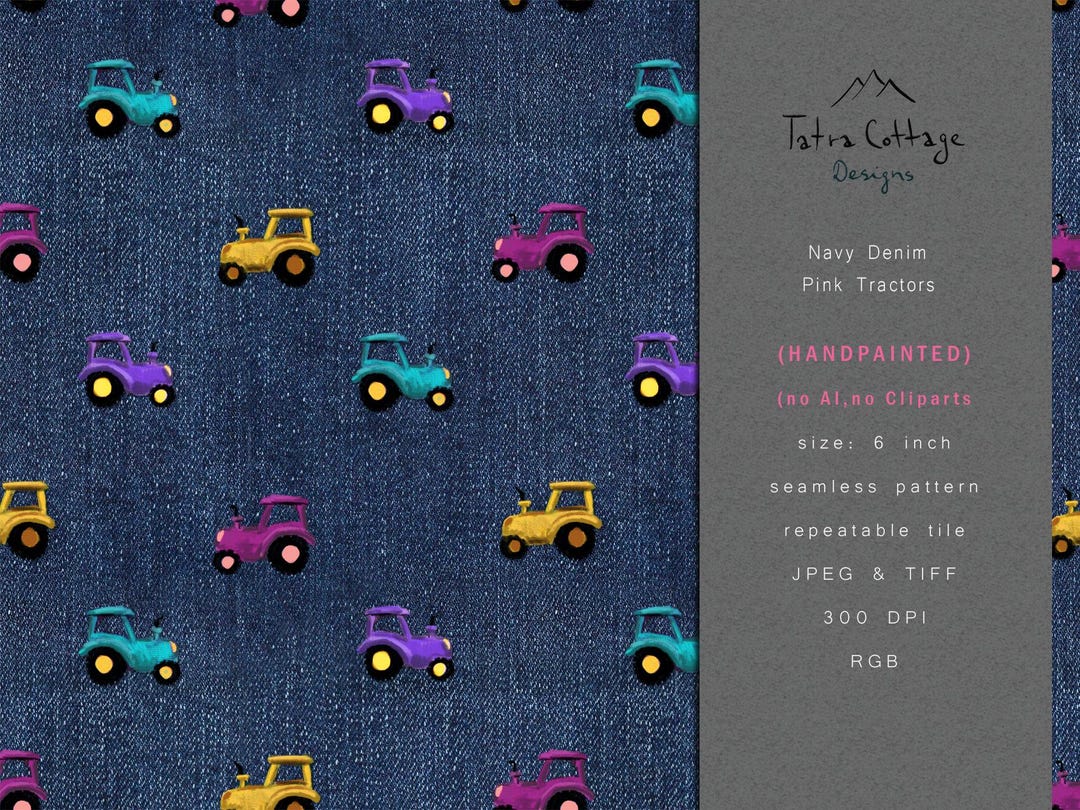 Pink Farm Pattern Pink Tractor Denim Seamless Pattern Design, Hand Painted Farm Girl ...