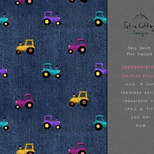 May include: A navy denim seamless pattern featuring hand-painted tractors in teal, purple, pink, and yellow. The tractors have black wheels with yellow centers. The design includes the text "Tatra Cottage Designs".