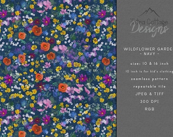 HANDPAINTED Summer Floral Seamless Pattern Design with Hand Painted Wildflowers, Bohemian Ditsy Flowers, navy