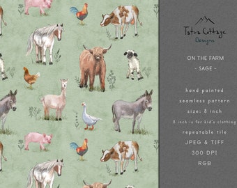 Farm Animals Country Seamless Pattern: Highland Cow, Horse, Pig (Digital File)