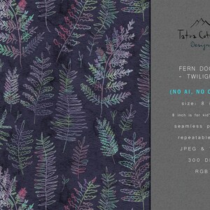 May include: A dark blue seamless pattern with a fern doodle design in green, pink, and purple. The image includes text that reads "Fern Doodle - Twilight" and "8 inch is for kid's clothing". The size is 20.32 cm.