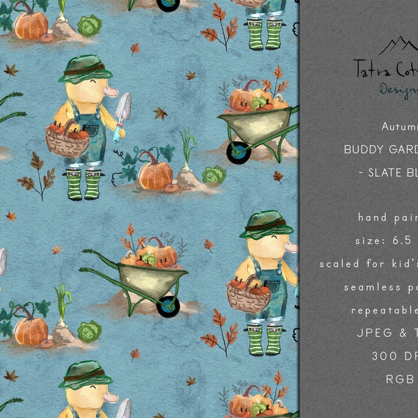 Pumpkin Seamless Pattern with Autumn Buddy Duck Gardening Repeated Print, Baby Boy Seamless Pattern with Yellow Duck - Slate Blue
