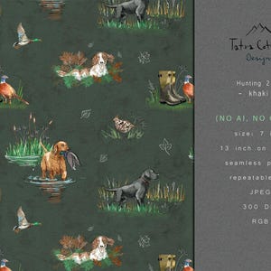 May include: Seamless pattern design featuring hunting dogs, ducks, and pheasants in a naturalistic style. The artwork includes dogs in water, birds in flight, and hunting boots, all set against a khaki green background. The design is a repeatable tile, with the text "Tatra Cottage Designs" and "Hunting 2026 - khaki".