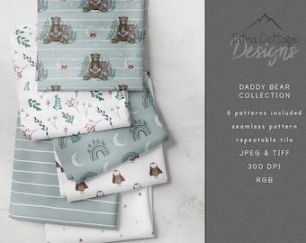 Daddy Bear Seamless Pattern Bundle: Rainbows, Stars, Owls (Digital Download)