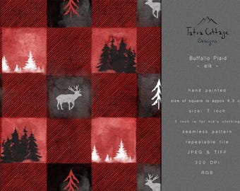 Buffalo Plaid Seamless Pattern File with Elk, Watercolour Handpainted Christmas Design, Digital Download, Red