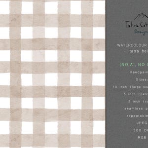 Op de afbeelding: Waterverf gingham patroon in tatra beige. Het ontwerp heeft een herhalend raster van beige en witte vierkanten. De afbeelding bevat tekst met maten van 25 cm, 15 cm en 5 cm, en is een naadloze, herhaalbare tegel.