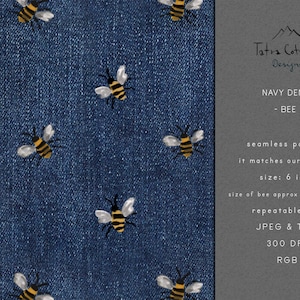 Spring Seamless Pattern: Fake Denim with Hand drawn Bees