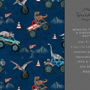 HANDPAINTED Dinosaur Seamless Pattern Print with Monster Trucks repeated, Navy