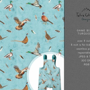 May include: Seamless pattern featuring a variety of game birds, including ducks and pheasants, on a turquoise background. The pattern is 8 inches square and is suitable for kids' clothing. The pattern is available in JPEG and TIFF formats at 300 DPI.