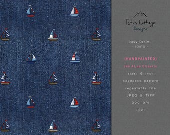 Motivo denim senza cuciture con stampa di barche costiere (JPEG e TIFF)