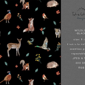 Duck Seamless Pattern File with Woodland Animals on Black, Digital Download with Commercial License