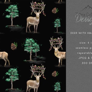 May include: A seamless pattern featuring a black background with a repeating design of a deer with Christmas lights on its antlers, pine trees, and pine cones. The text "Tatra Cottage Designs" and "DEER WITH XMAS LIGHTS" is also included in the image. The text "size: 6 inch", "seamless pattern", "repeatable tile", "JPEG & TIFF", and "300 DPI" is also included in the image.