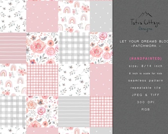 Patchwork Seamless Pattern Design Print with Floral Peonies in Peach Baby Pink