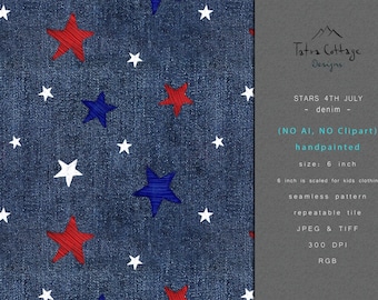 Motivo senza cuciture del 4 luglio: stelle patriottiche su denim (download digitale JPEG, TIFF)