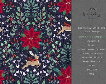 Christmas Floral Seamless Pattern - Reindeer - Darker Twilight Purple