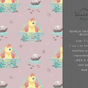 May include: Watercolor pattern featuring a yellow duck with a pink bow swimming in water with a rainbow, fish, and aquatic plants. A white rabbit in a boat is also present. The text "BIANCA SWIMMING -BLUSH-" is displayed. The pattern is 7 inches in size.