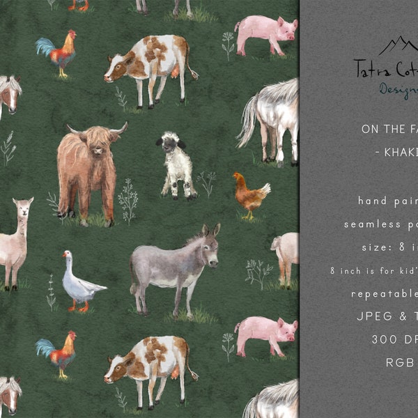 Farm Seamless Pattern Design with Highland Cow, Horse, Pig, Chicken, Sheep, Donkey, Goose, Farm Animals Fabric Print Digital File - Khaki