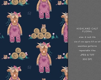 Pink Highland Cow Baby Seamless Pattern with Floral Headband, Digital Download