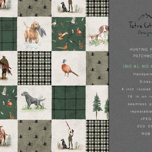 May include: A patchwork fabric design featuring hunting-themed illustrations of dogs, pheasants, ducks, and hunters in a green, black, and cream color palette. The text reads Tatra Cottage Designs, Hunting Plaid Patchwork, No AI, No Clipart, 8 inch.