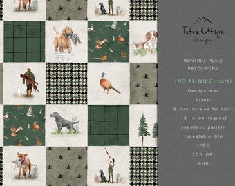 May include: A patchwork fabric design featuring hunting-themed illustrations of dogs, pheasants, and hunters, interspersed with green plaid and black-and-white houndstooth patterns. Text on the right side includes Tatra Cottage Designs and 8 inch.