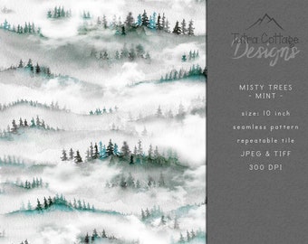 Magic Forest Seamless Pattern in Mint, Foggy Trees, Digital Download Paper