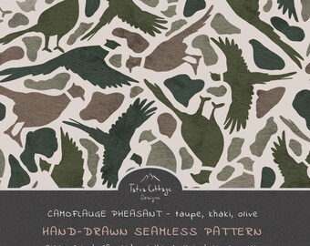 Camouflage Pheasant Seamless Pattern | Hand Drawn Boy Hunting Camo Fabric (Taupe, Khaki, Olive)