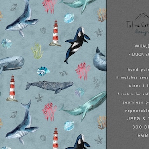 HANDPAINTED Whales Seamless Pattern, Seamless Ocean Texture File, Under the Sea, Watercolor Nautical Repeated Design - Duck Egg