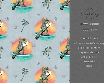 Beach Dinosaur Seamless Pattern: Hawaii T-Rex Fabric Print (Digital Download)