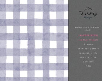 Lilac Gingham Seamless Pattern File, Hand Painted Watercolor Check Design for Spring Fabric Printing