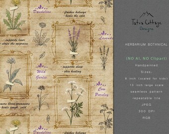 Hand Drawn Vintage Floral Herbs Seamless Pattern File for Fabric Print