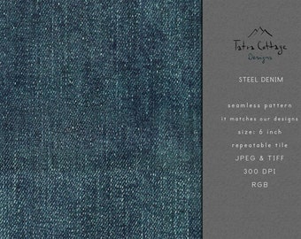 May include: A seamless pattern of steel blue denim fabric. The pattern is 6 inches in size and is available in JPEG and TIFF formats. It is 300 DPI and RGB.