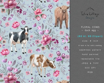 Floral Cow Seamless Pattern: Country Fabric Print (Digital File)